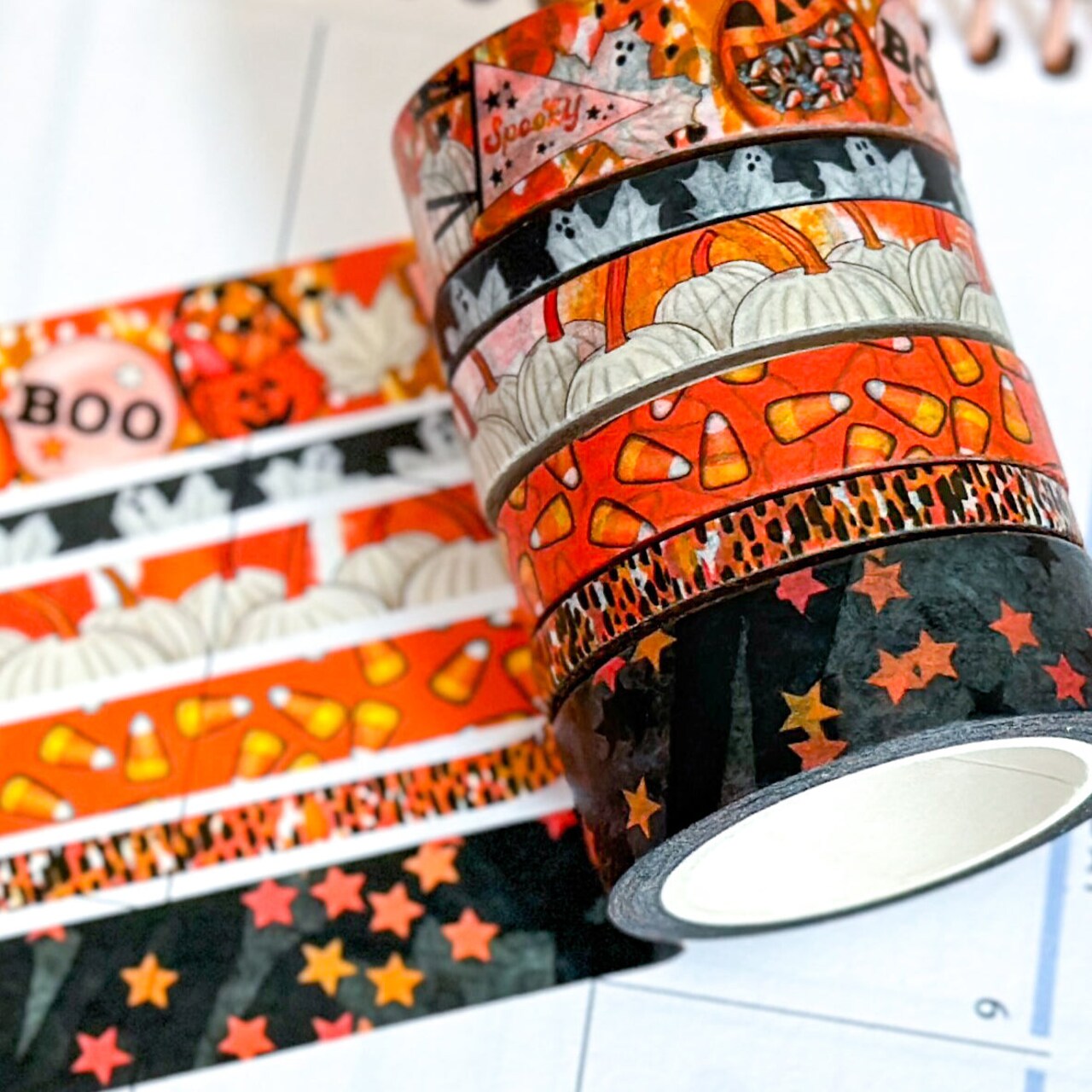 Halloween Spooky Ghosts Pumpkins Candy Corn Trick or Treating Stars Black Orange Washi Tape Set - W093